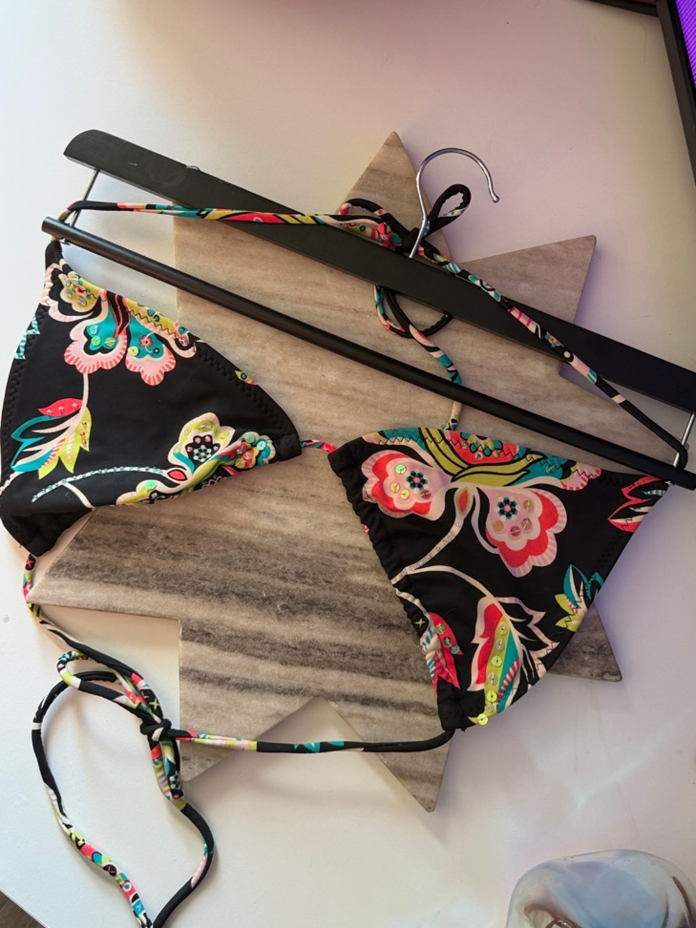 No Boundaries Black Floral Triangle Bikini Top with Multicolor Accents